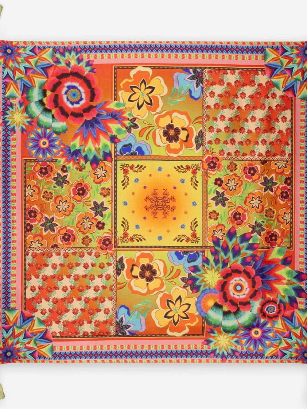 Johnny Was Vibrant Floral Patchwork Silk Scarf in Orange and Yellow
